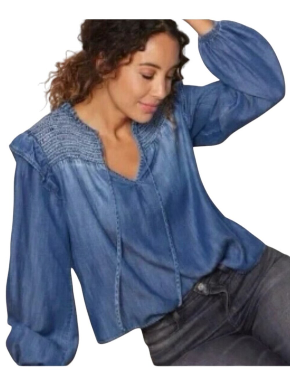 Anthropologie Cloth & Stone Ruffle Tie Front Denim Shirt Women's Size Small